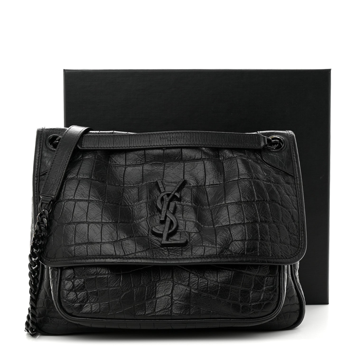 Saint Laurent Crocodile Embossed Lambskin Monogram Medium Niki Chain Satchel Black 12 of 12