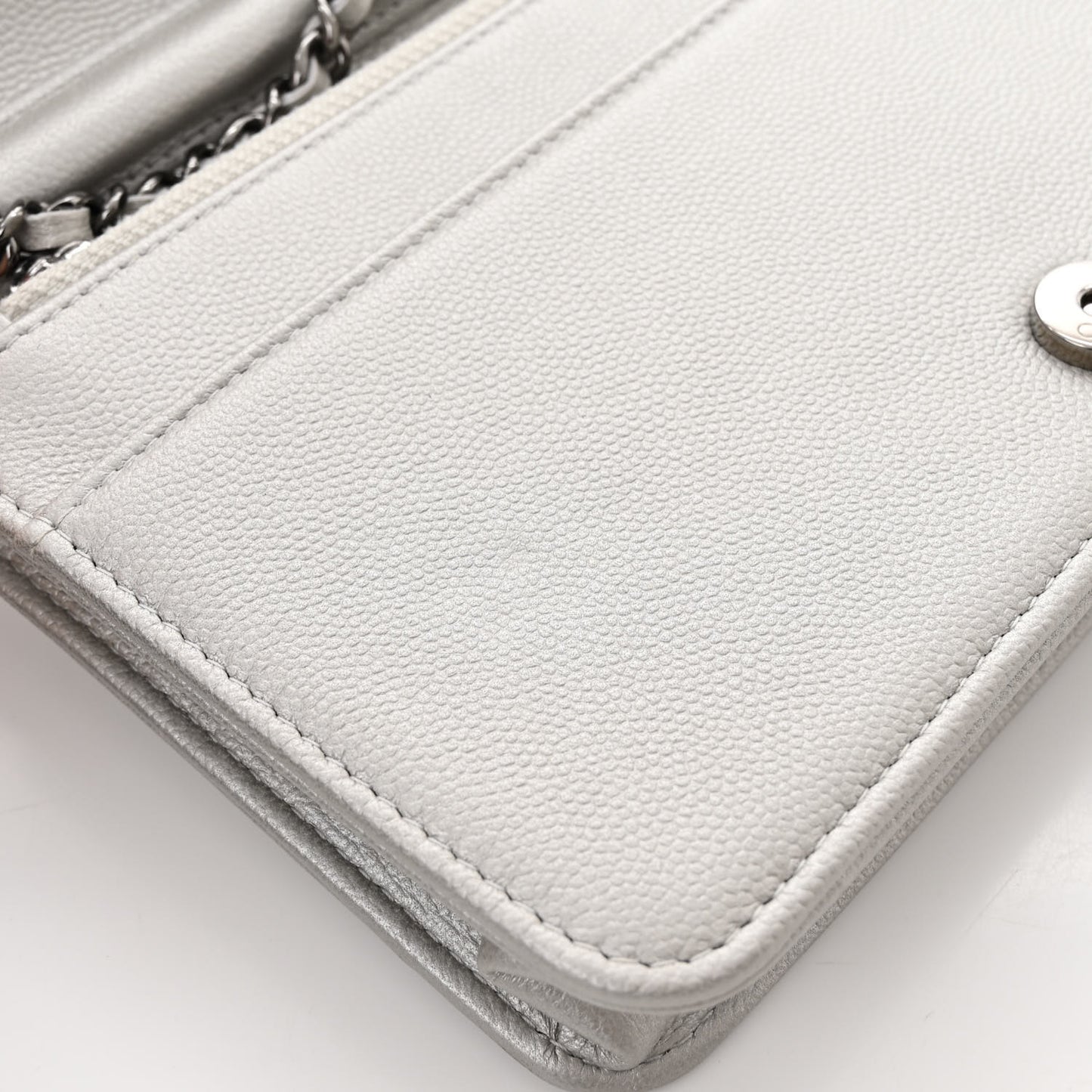 Metallic Caviar Quilted Boy Wallet On Chain WOC Silver