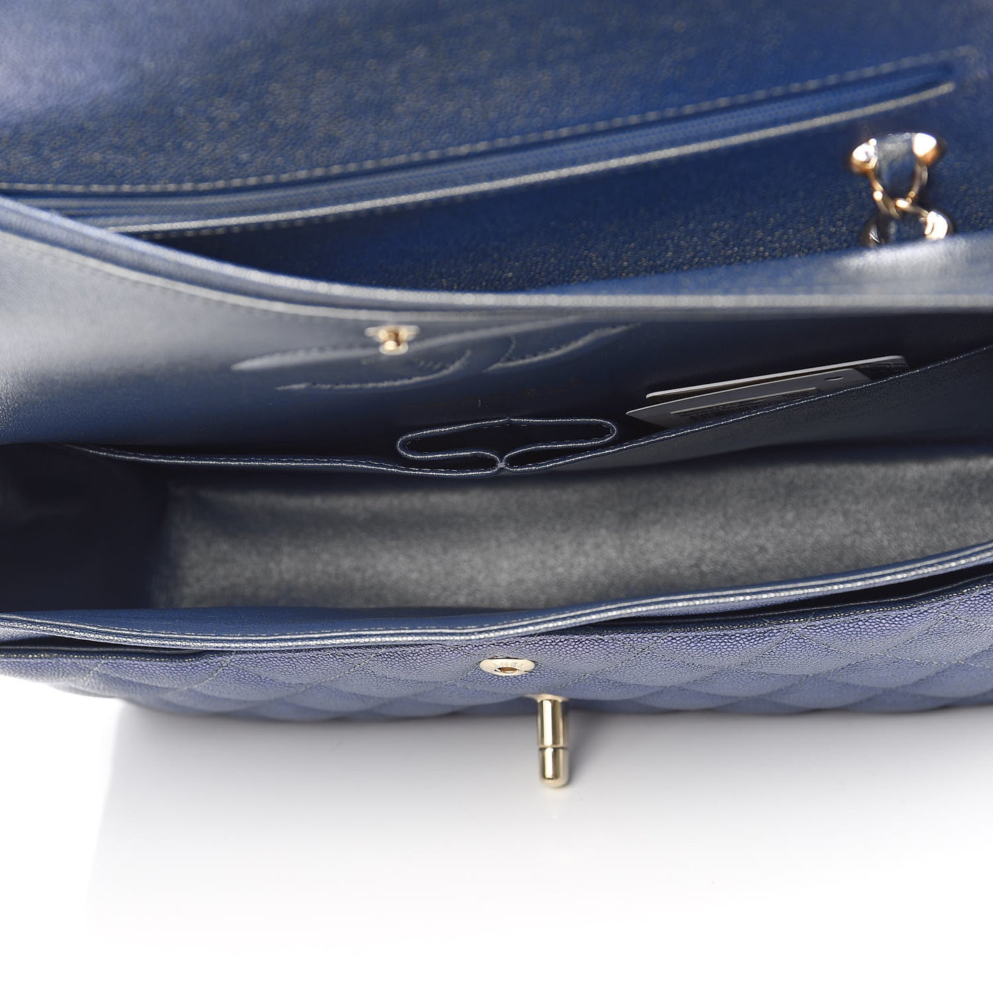 Iridescent Caviar Quilted Medium Double Flap Dark Blue