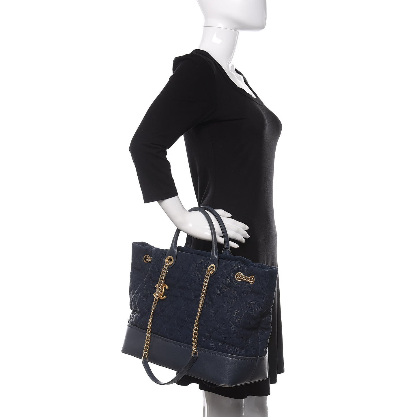 Iridescent Caviar Quilted Globe Trotter Shopping Tote Navy Blue