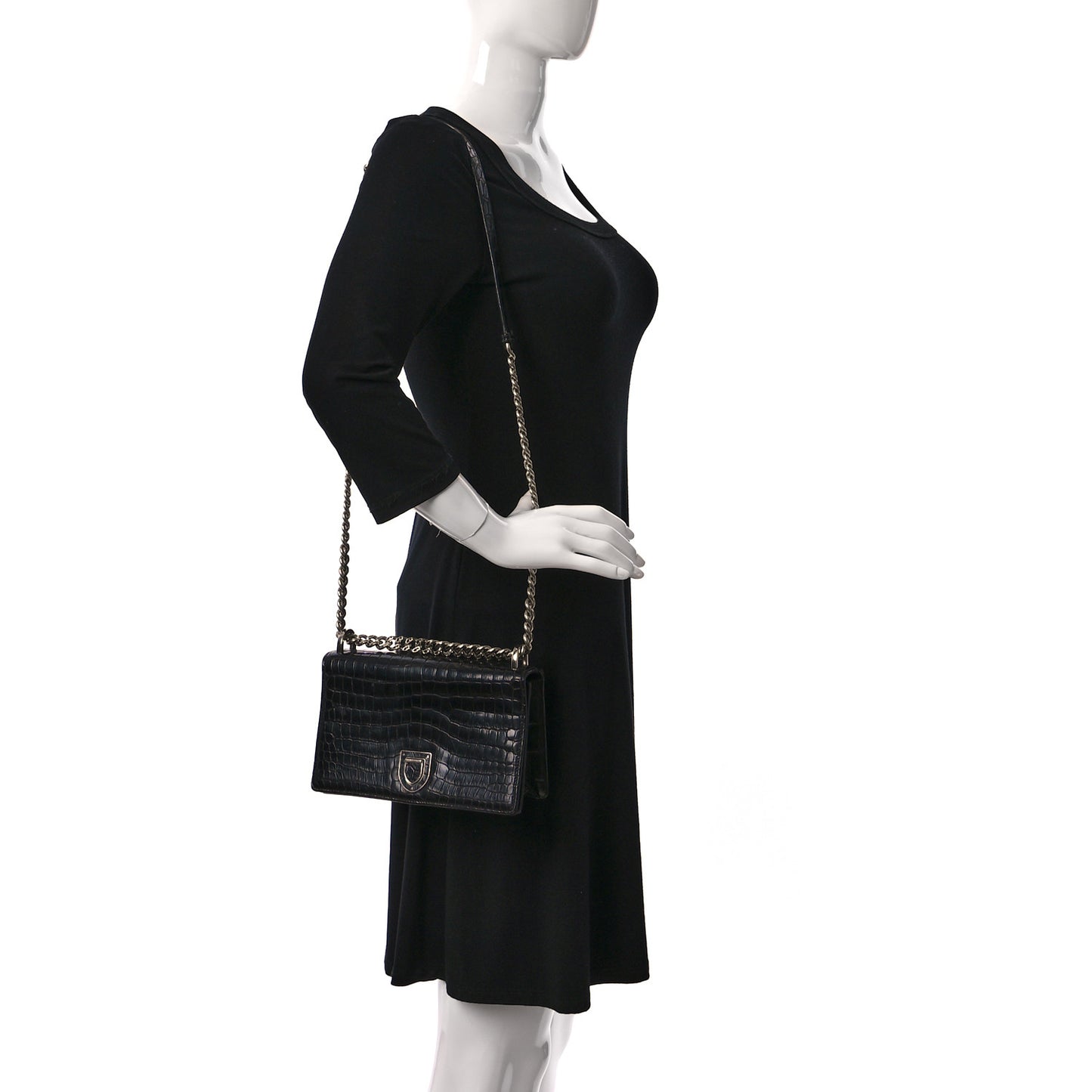 Calfskin Crocodile Embossed Small Diorama Flap Bag Black