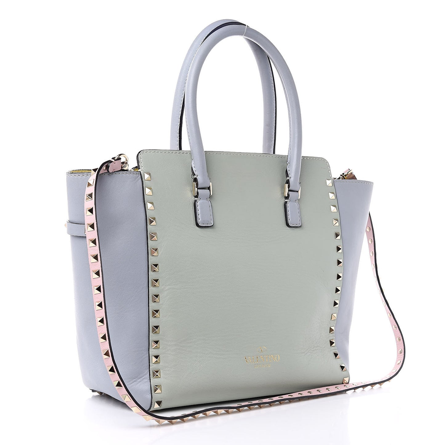 Vitello Watercolor Rockstud Double Handle Tote Rose Green Yellow Sky
