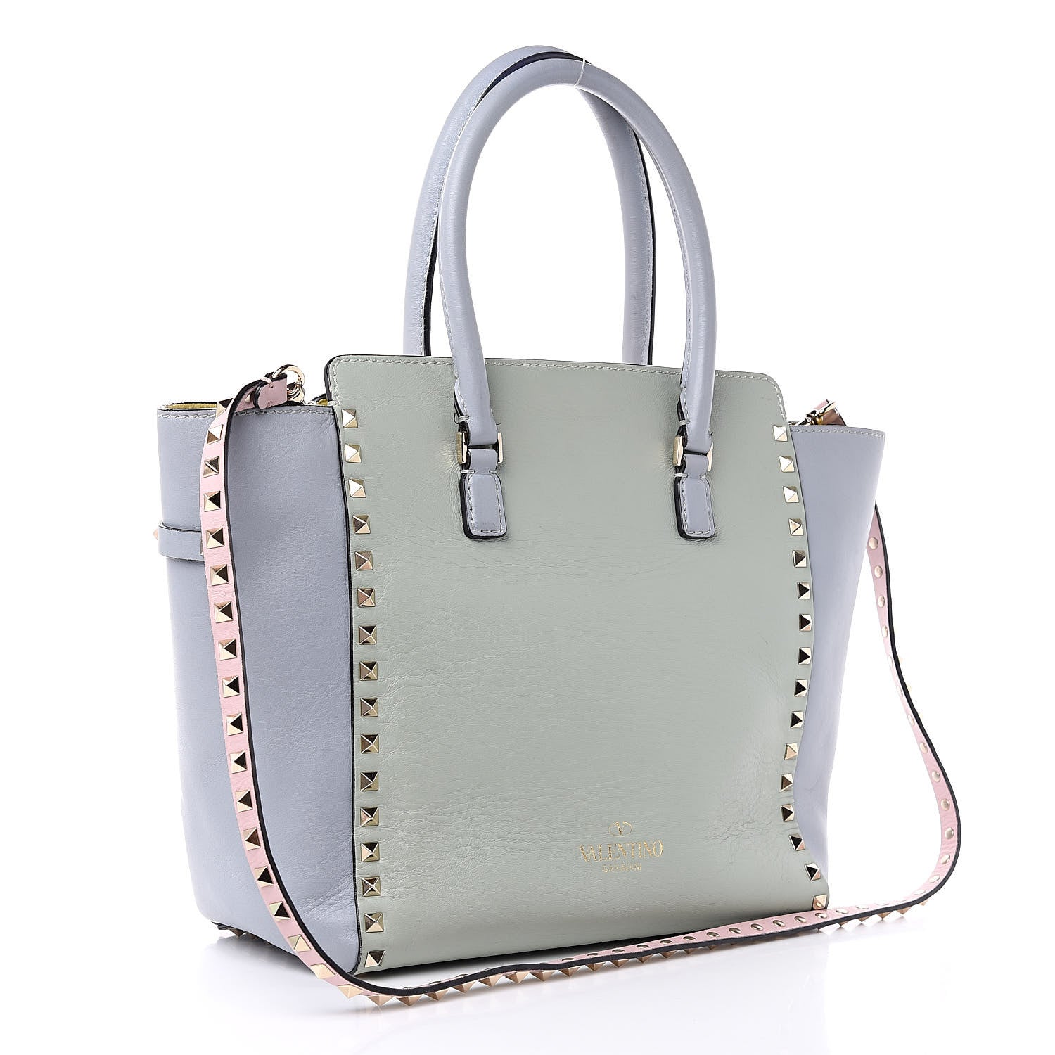 Valentino Garavani Vitello Watercolor Rockstud Double Handle Tote Rose Green Yellow Sky 3 of 16