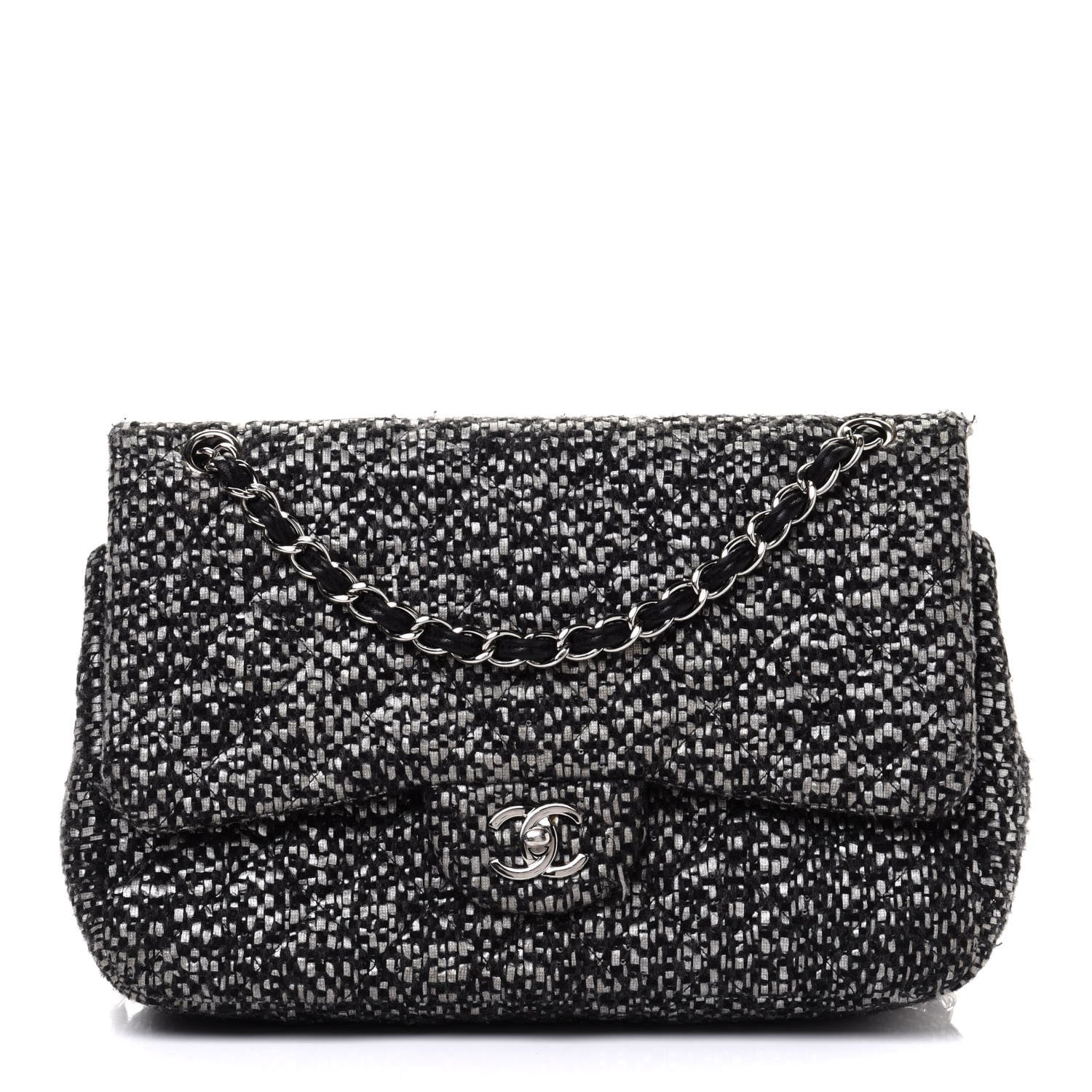 Chanel Sequin Tweed Jumbo Double Flap Black Grey 1 of 10