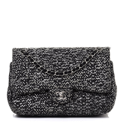 Chanel Sequin Tweed Jumbo Double Flap Black Grey 1 of 10