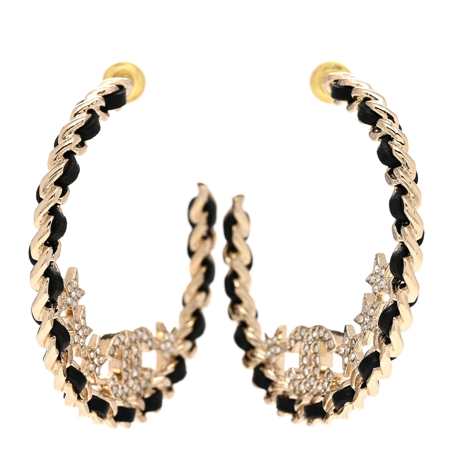 Lambskin Chain Crystal CC Star Chain Hoop Earrings Gold Black