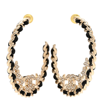 Chanel Lambskin Chain Crystal CC Star Chain Hoop Earrings Gold Black 3 of 5