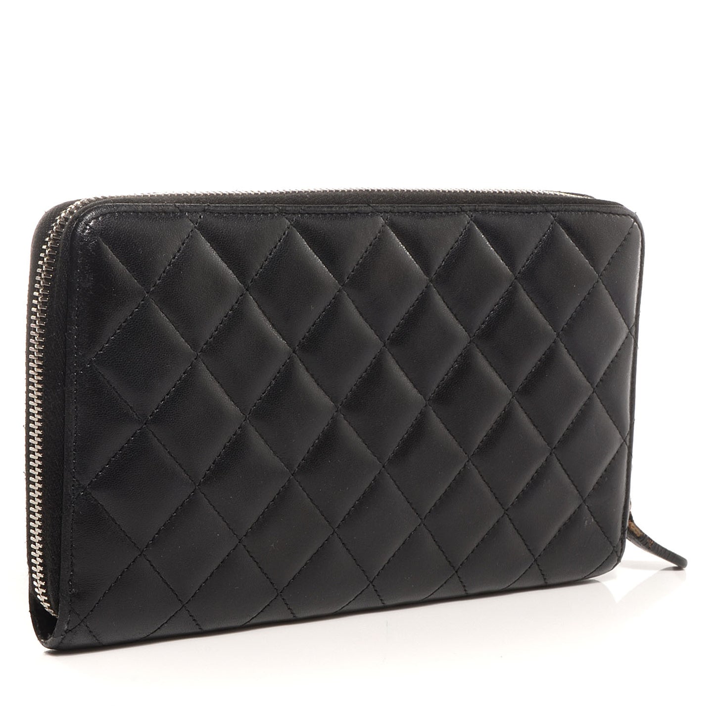 Lambskin Quilted Large Zip Around Wallet Black