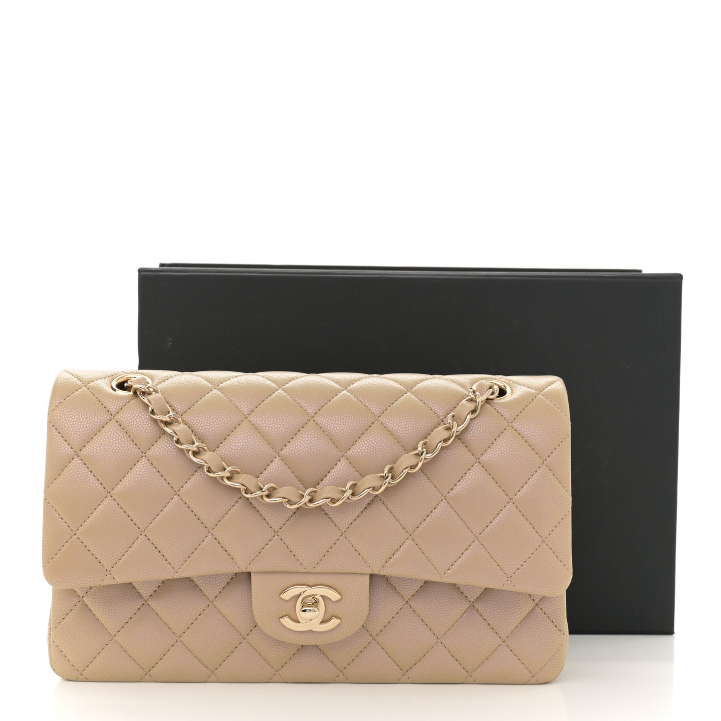 Iridescent Caviar Quilted Medium Double Flap Dark Beige