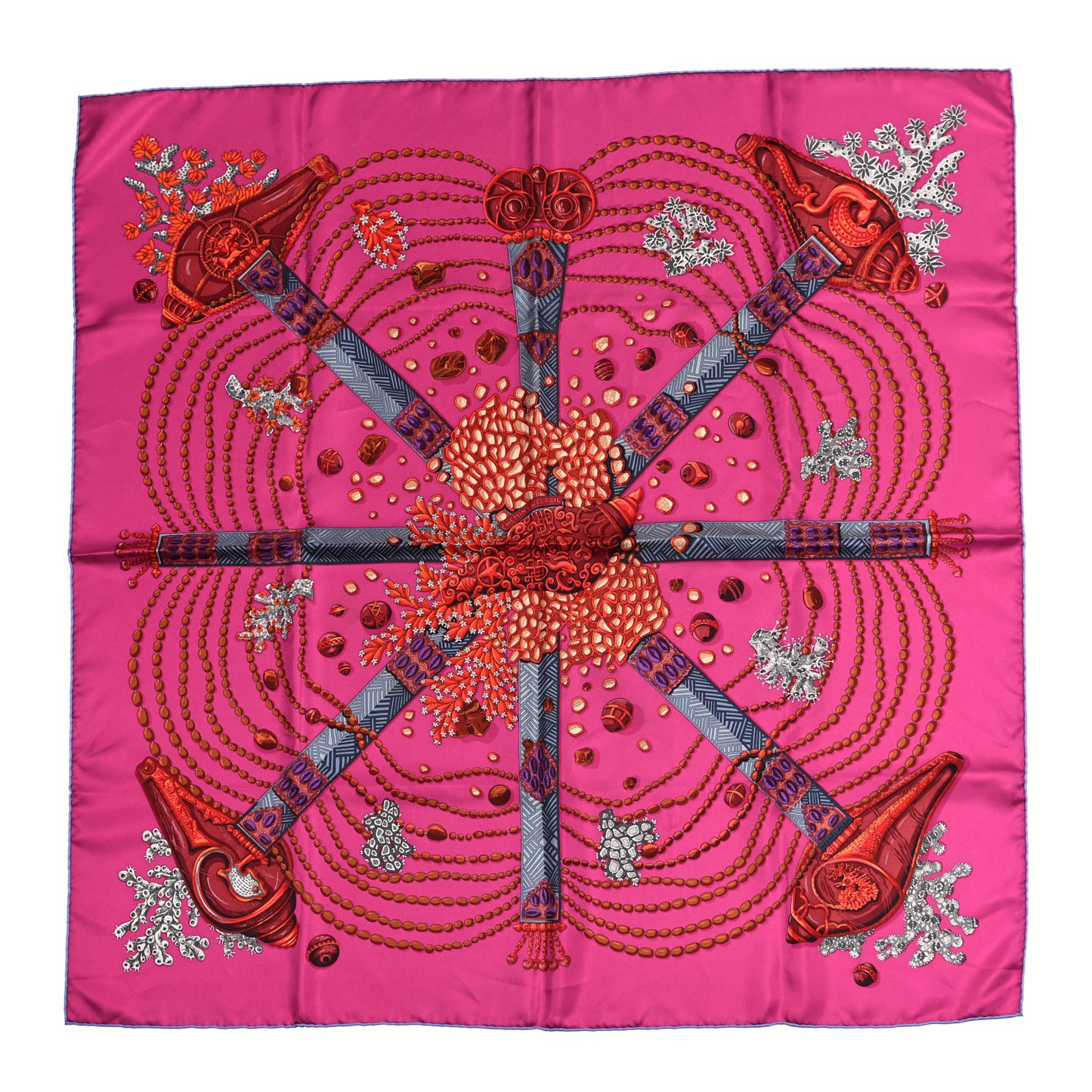 Silk Chemins De Corail Scarf 90 Fuchsia Gris Bordeaux