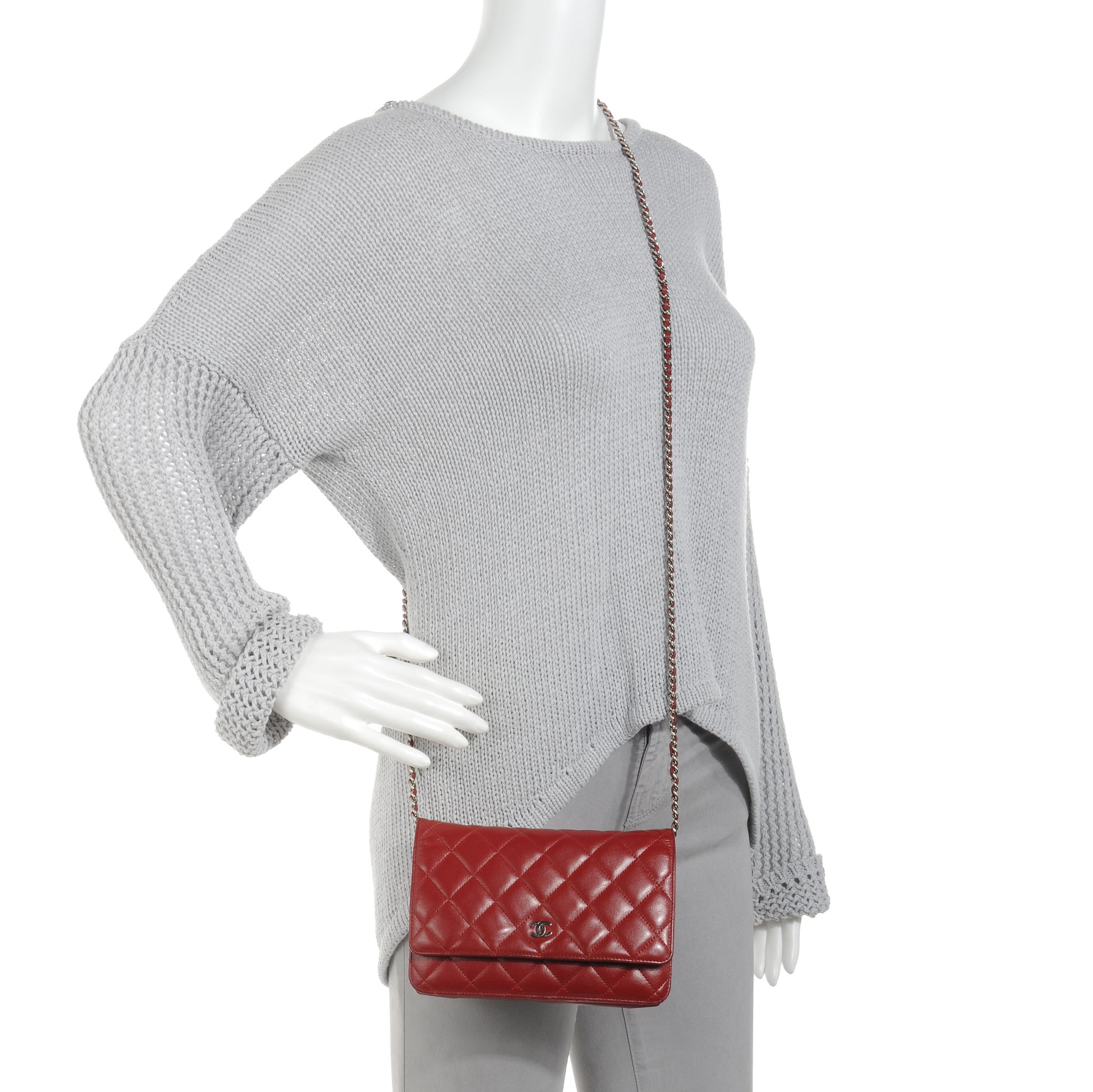Chanel Lambskin Quilted Wallet On Chain WOC Red 2 of 12