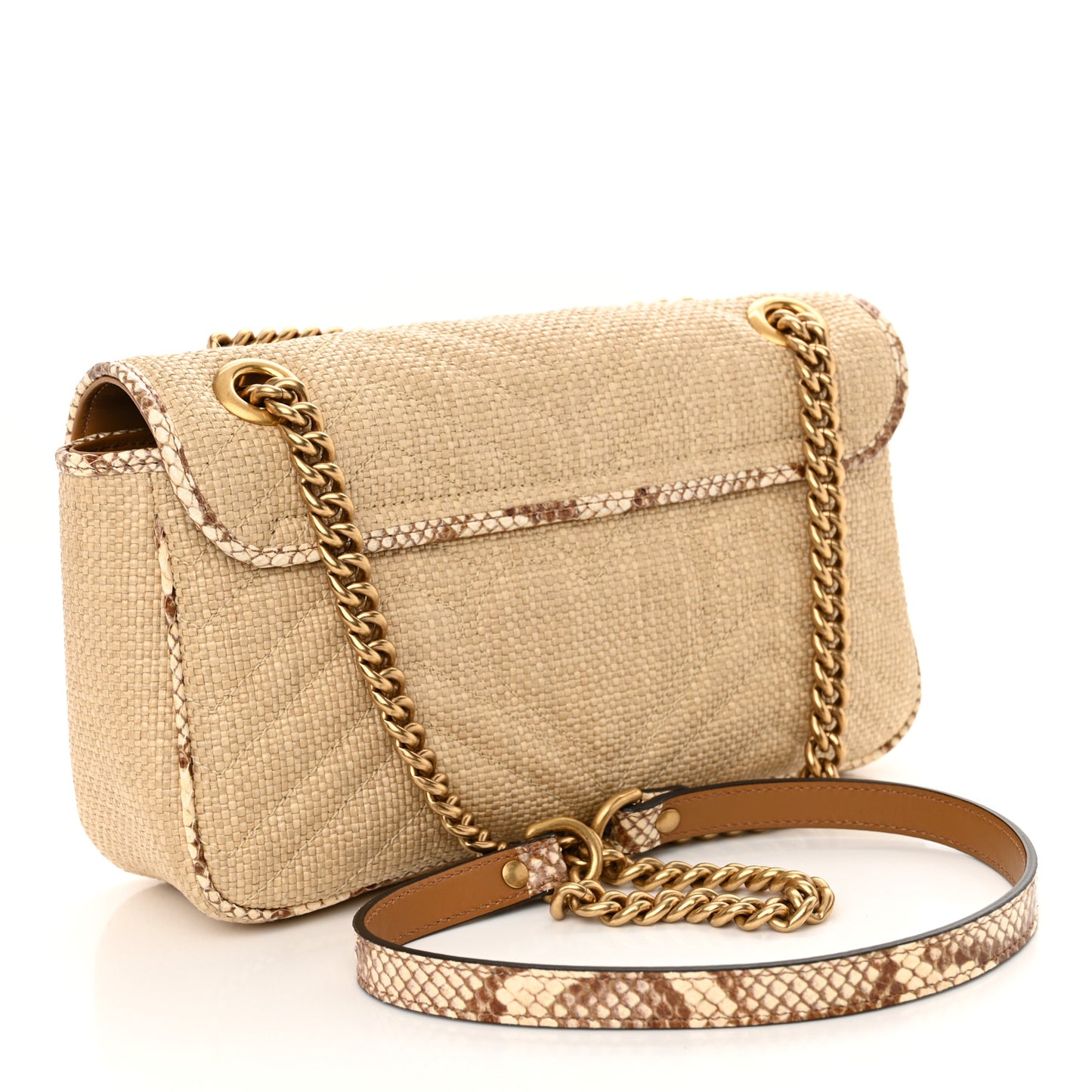 Raffia Elaphe Matelasse Small GG Marmont Shoulder Bag Natural Cream Brown