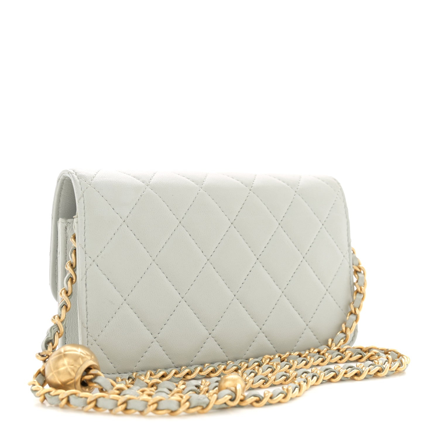 Chanel Lambskin Pearl Crush Quilted Flap Phone Holder With Chain Light Grey 3 of 16