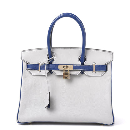 Hermes Chevre Mysore Bi-Color Horseshoe Birkin 30 Gris Perle Bleu Electrique 1 of 14