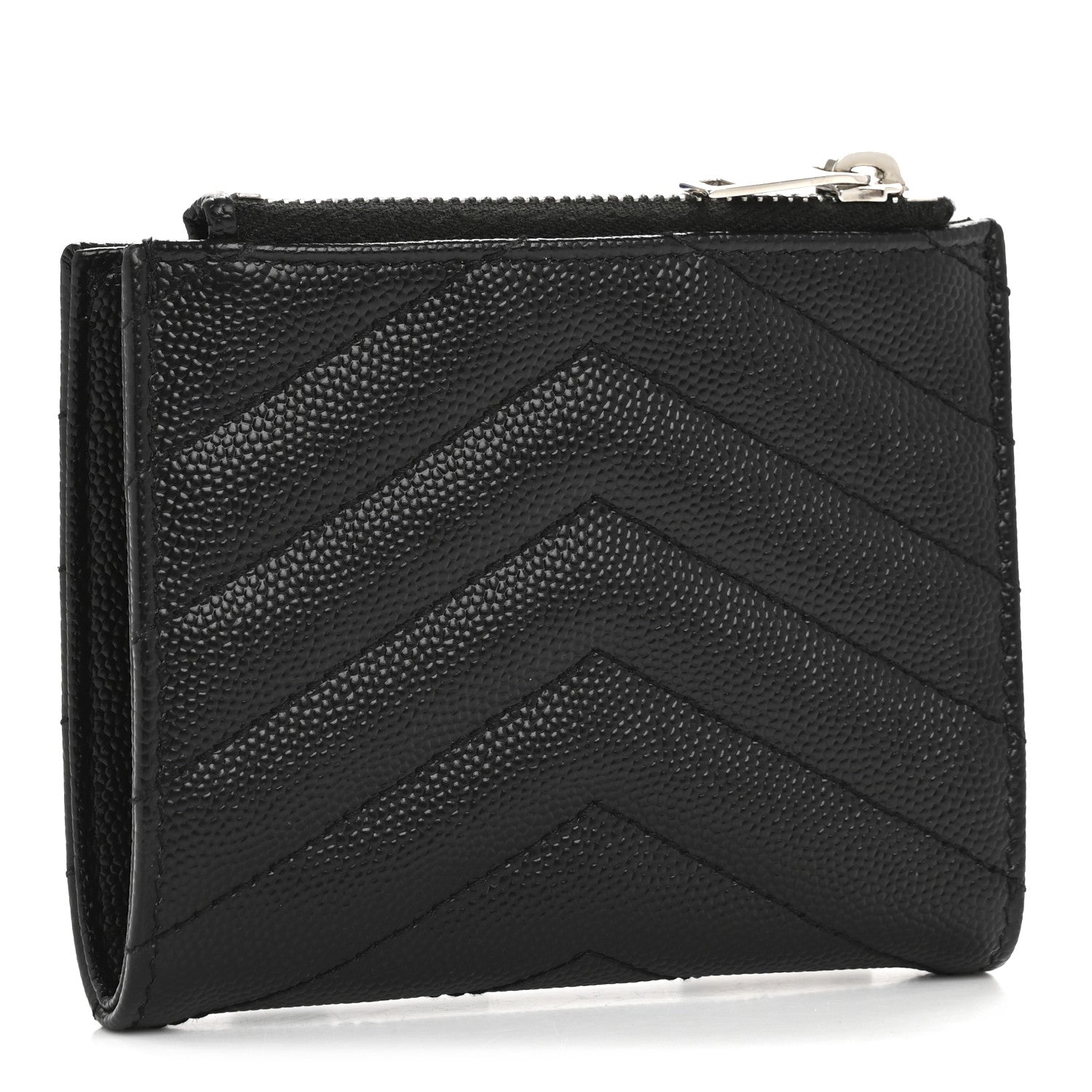 Saint Laurent Grain De Poudre Matelasse Chevron Monogram Zipped Card Case Black 3 of 10