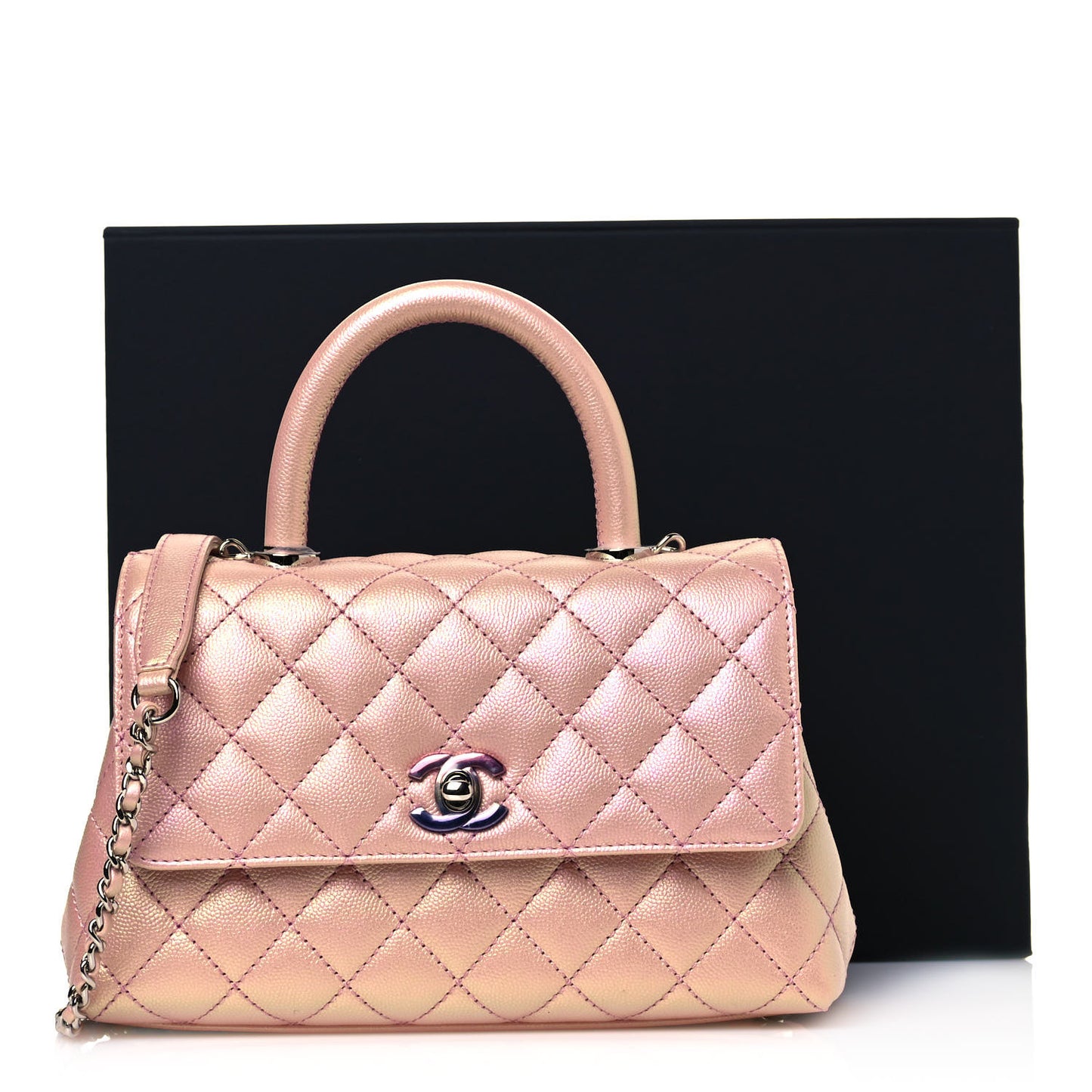 Iridescent Caviar Quilted Mini Coco Handle Flap Pink
