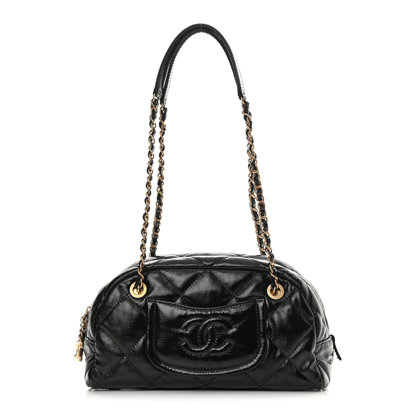 Shiny Aged Calfskin Quilted Bowler Bag Black