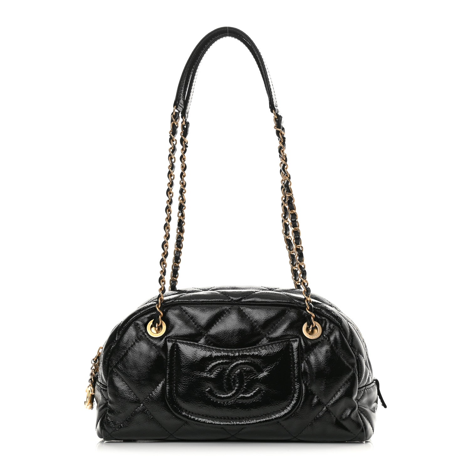 Chanel Shiny Aged Calfskin Quilted Bowler Bag Black 1 of 11