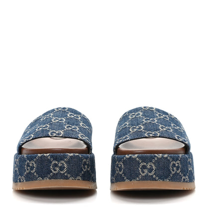 Gucci New Denim GG Monogram Angelina Platform 55mm Slide Sandals 37.5 Blue Tea 2 of 8