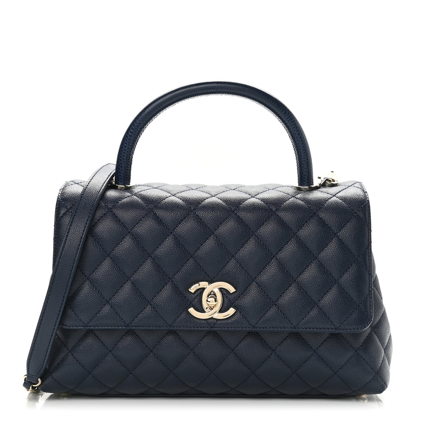 Caviar Lizard Embossed Quilted Small Coco Handle Flap Navy Blue