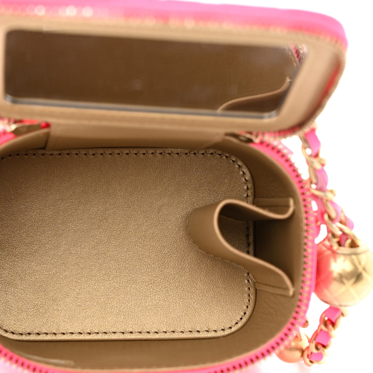Patent Quilted Pearl Crush Mini Vanity Case With Chain Neon Pink