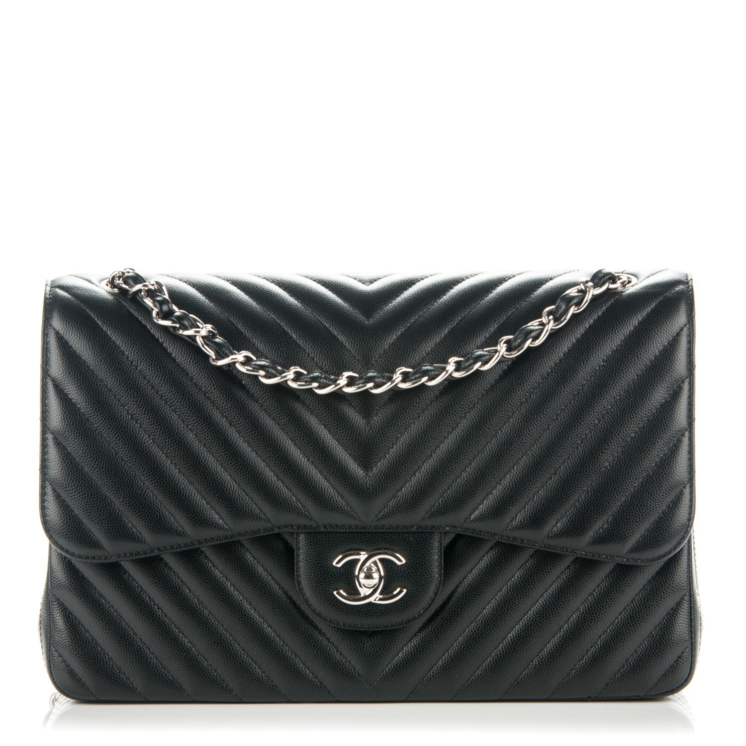 Chanel Caviar Chevron Quilted Jumbo Double Flap Black 1 of 7