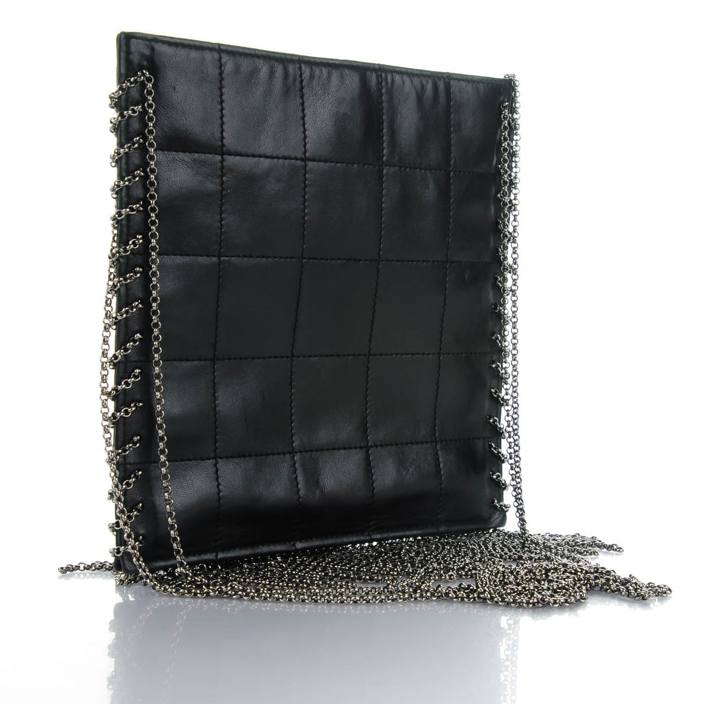 Lambskin Square Stitched Chain Fringe Crossbody Black