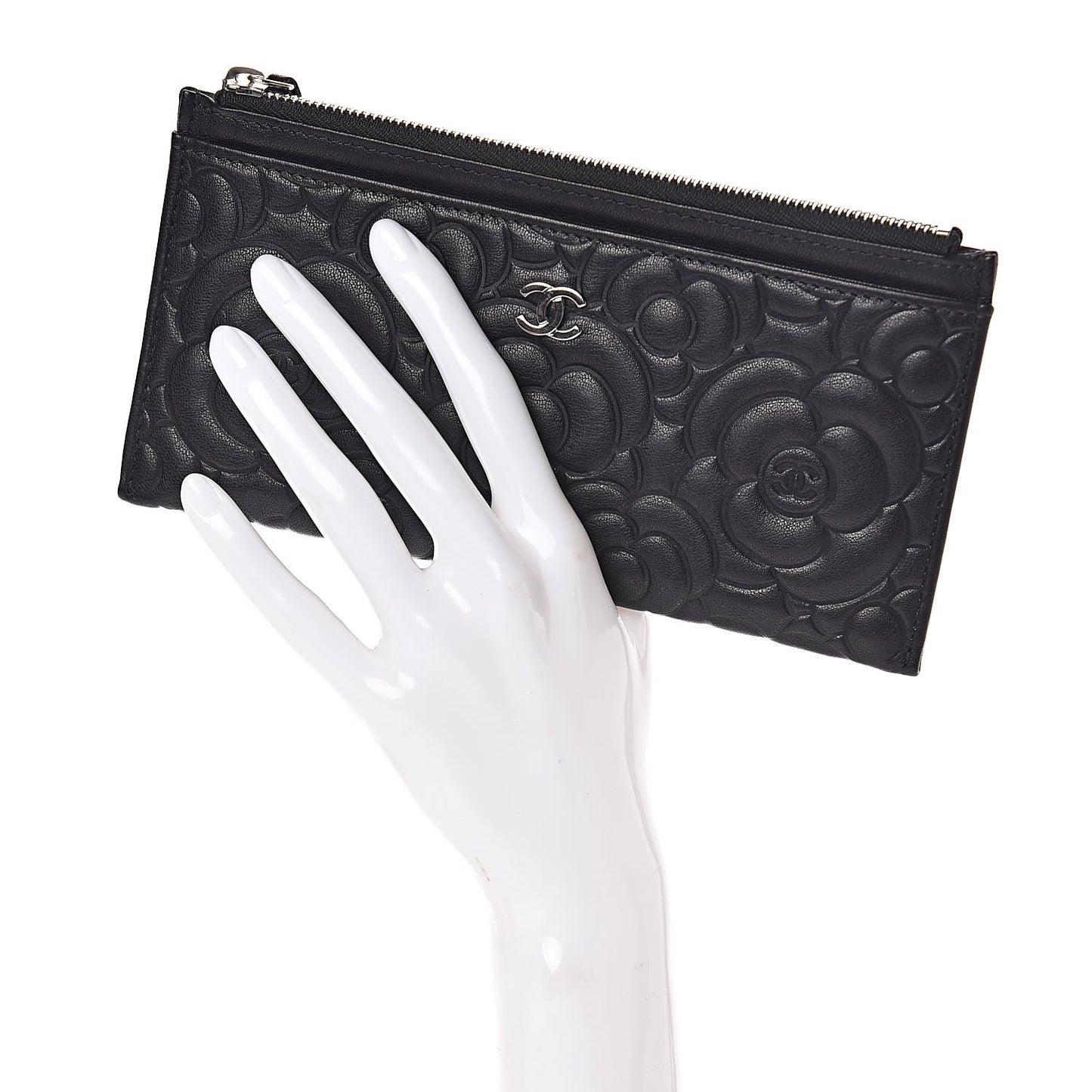 Goatskin Camellia Embossed Zip Pouch Black