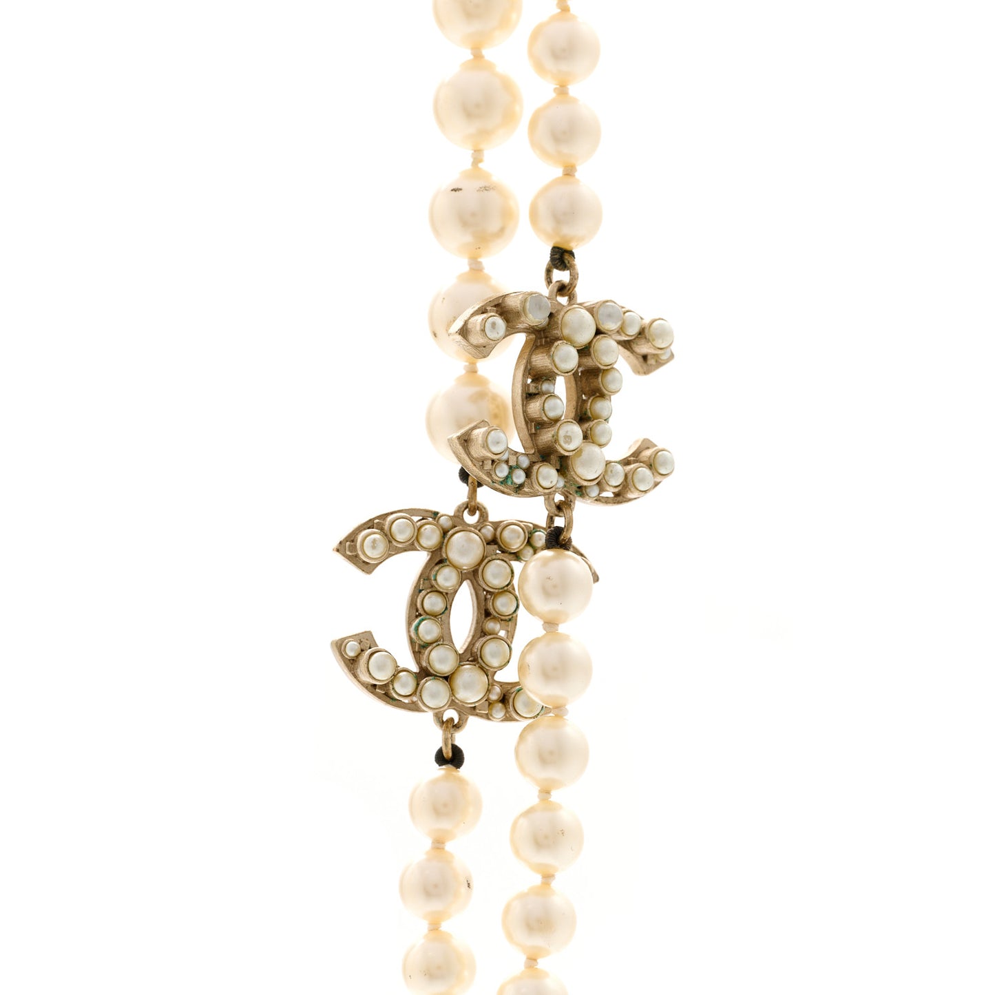 Graduated Pearl Long CC Necklace Gold
