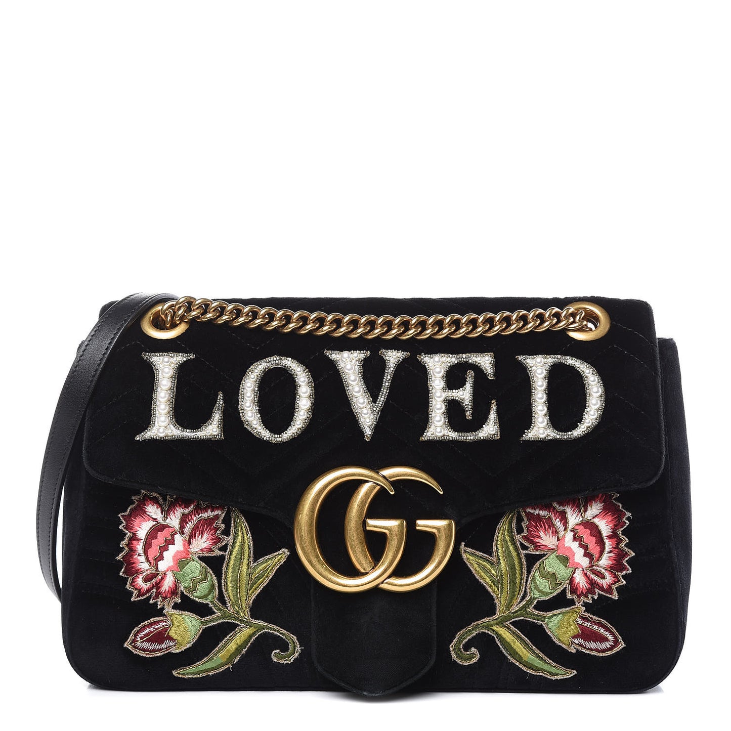Velvet Matelasse Loved Embroidered Medium GG Marmont Shoulder Bag Black