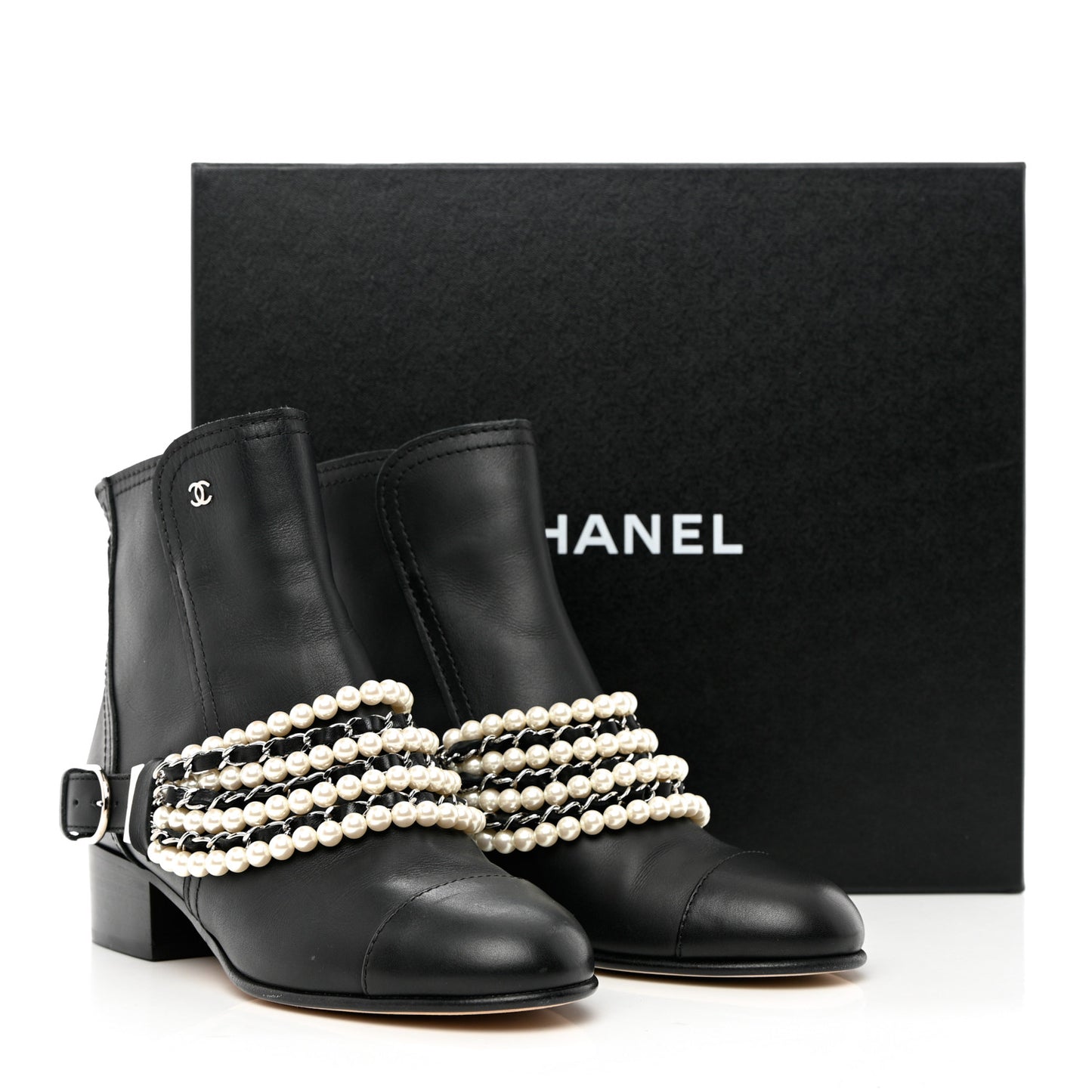 Calfskin Pearl Cap Toe Short Boots 37 Black