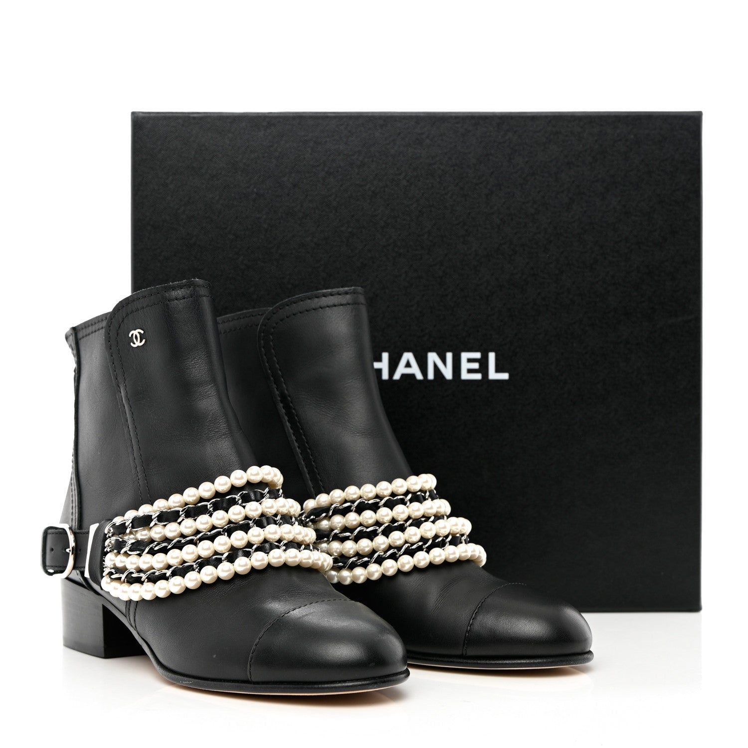 Chanel Calfskin Pearl Cap Toe Short Boots 37 Black 10 of 10