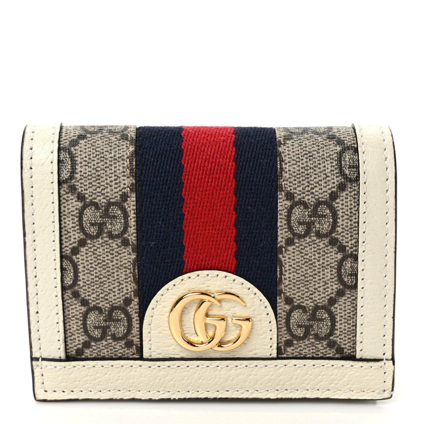GG Supreme Monogram Textured Dollar Calfskin Web Ophidia Card Case Beige Ebony Mystic White
