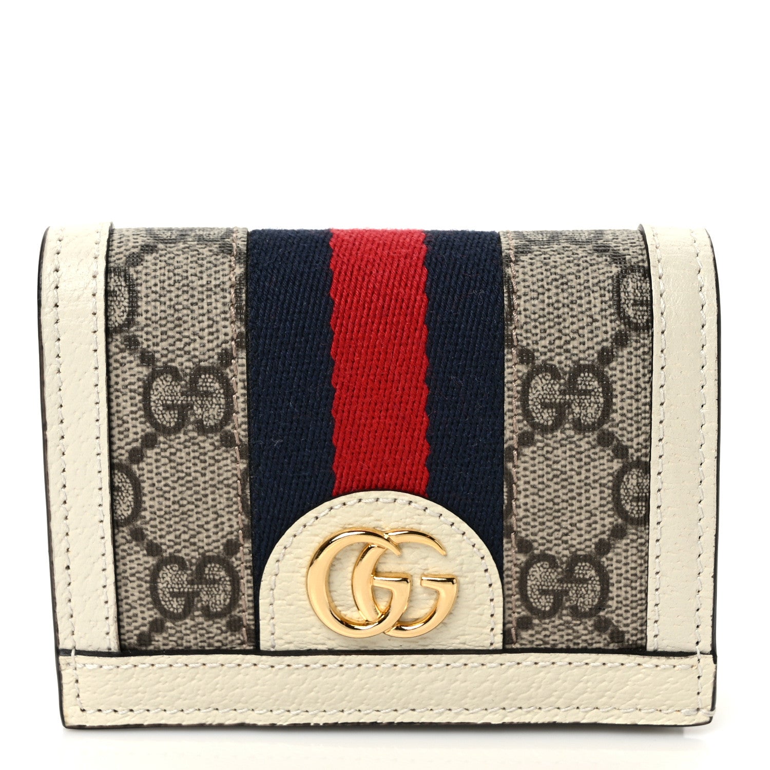 Gucci GG Supreme Monogram Textured Dollar Calfskin Web Ophidia Card Case Beige Ebony Mystic White 1 of 8
