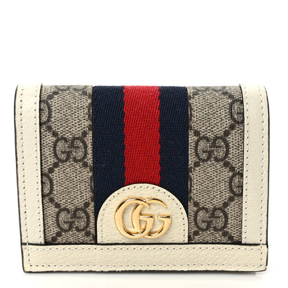 Gucci GG Supreme Monogram Textured Dollar Calfskin Web Ophidia Card Case Beige Ebony Mystic White 1 of 8
