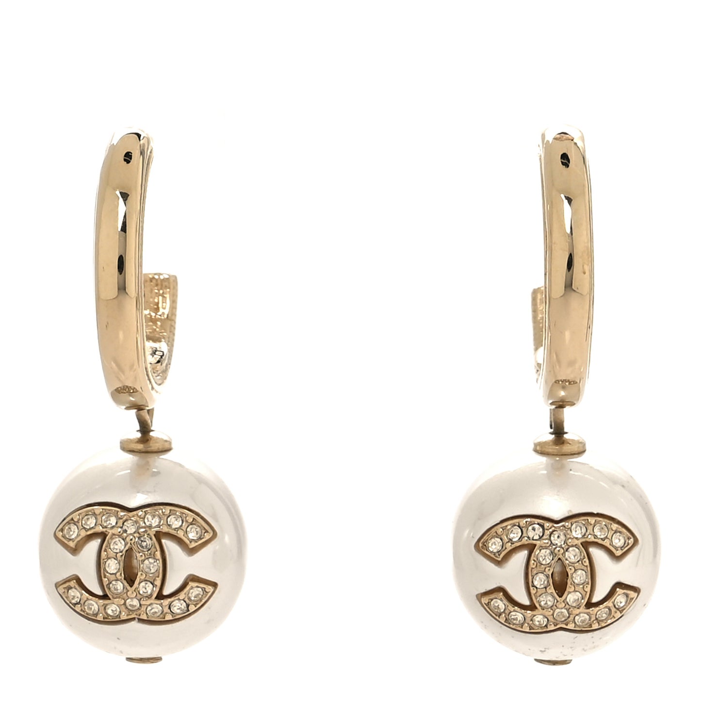 Crystal Pearl CC Hoop Drop Earrings Gold White