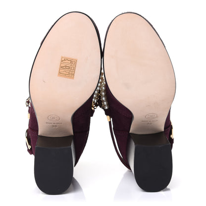 Chanel Suede Calfskin Pearl Cap Toe Short Boots 38 Burgundy 4 of 4