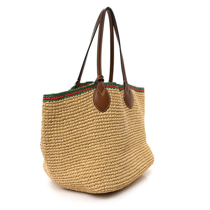 Gucci Raffia Woven Web Logo Medium Tote Bag Natural Brown 4 of 13