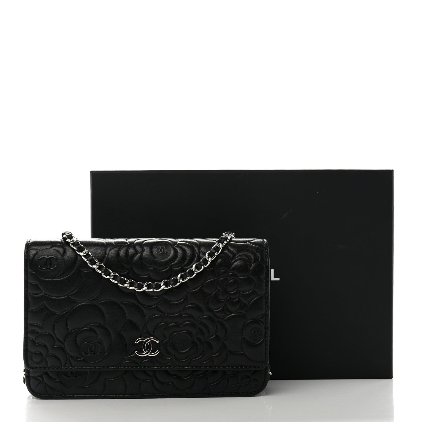 Lambskin Camellia Embossed Wallet on Chain WOC Black