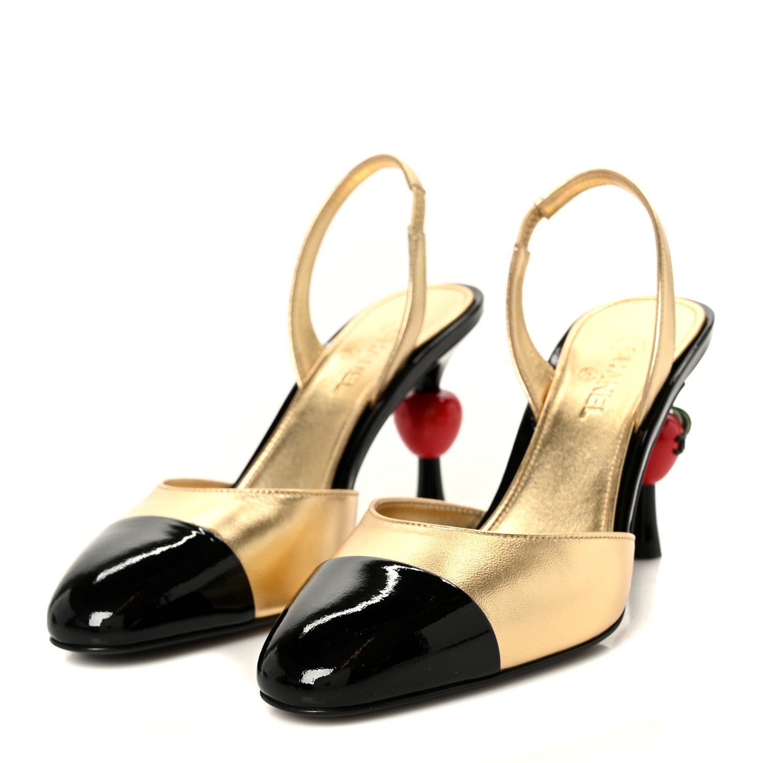 Chanel Lambskin Patent Cap Toe CC Apple Slingback Pumps 37 Gold Black 4 of 10