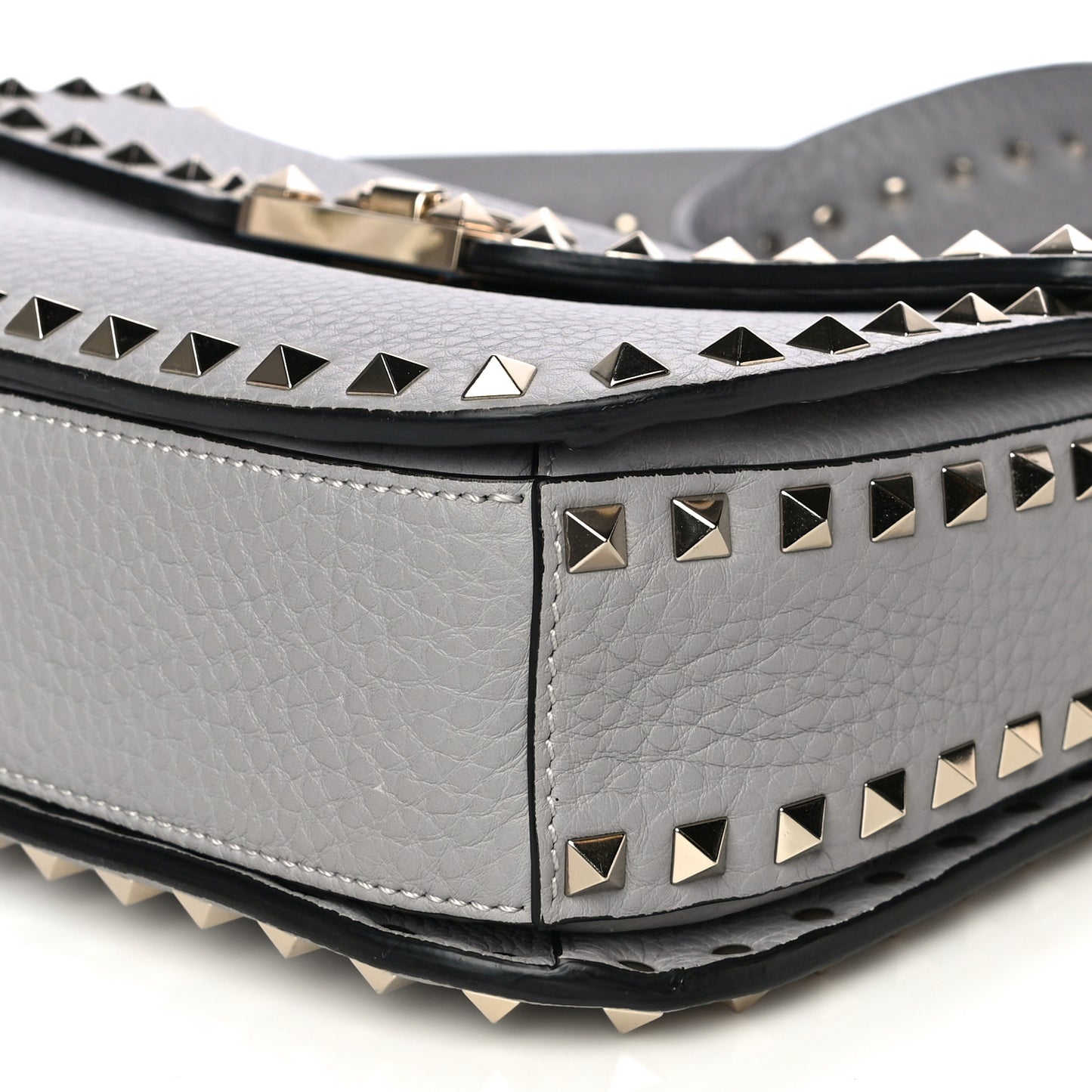 Pebbled Calfskin Medium Rockstud Flap Saddle Bag Pastel Grey