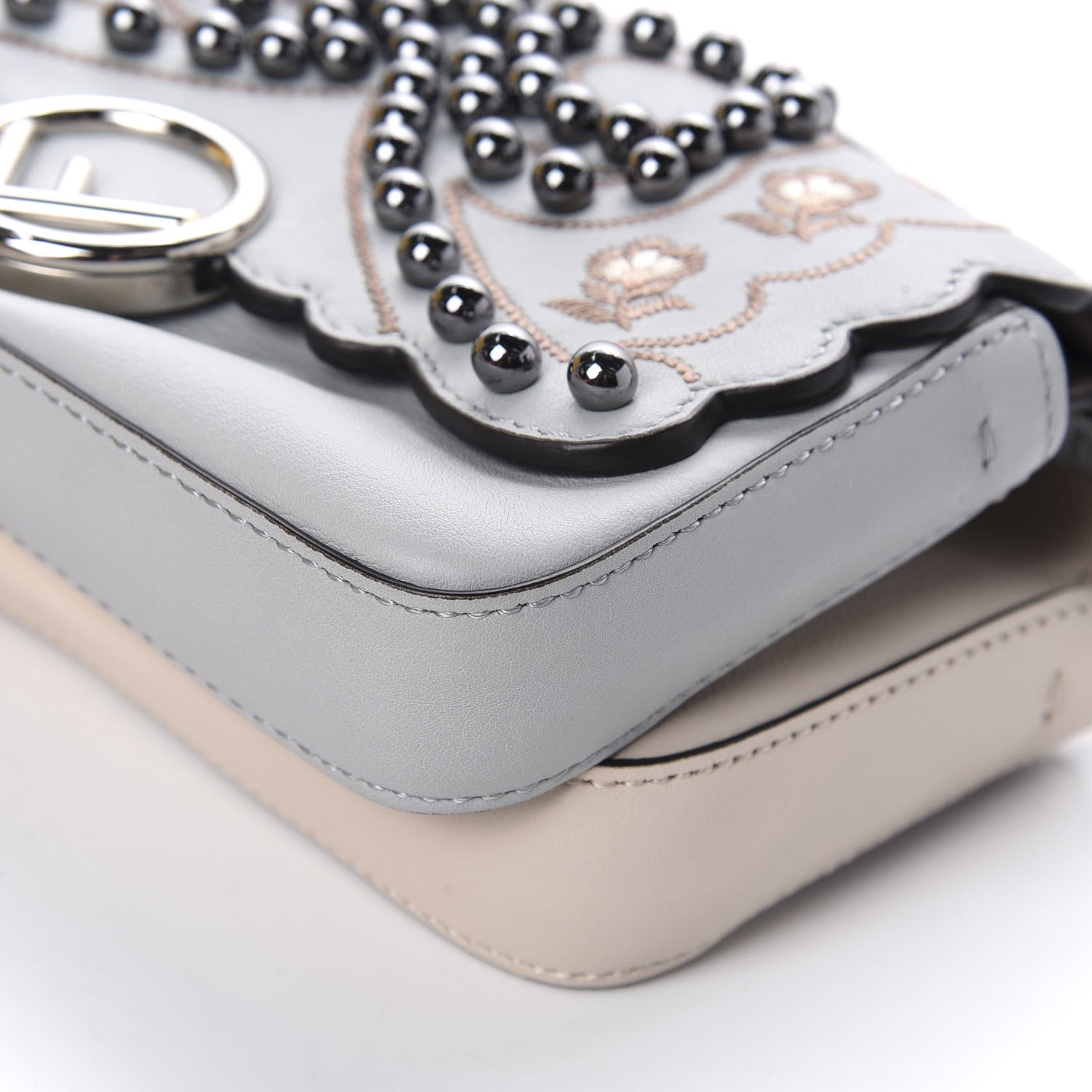 Fendi Vitello Dolce F is Flowers and Bows Scalloped Micro Double Baguette Grigio Perla Camelia 8 of 13