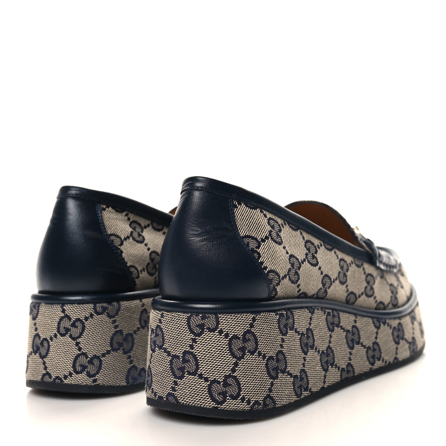 Monogram Horsebit Calfskin Womens Horsebit Wedge Platform Loafers 38.5 Beige Blue