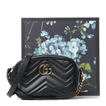 Gucci Calfskin Matelasse Mini GG Marmont Chain Shoulder Bag Black 9 of 9