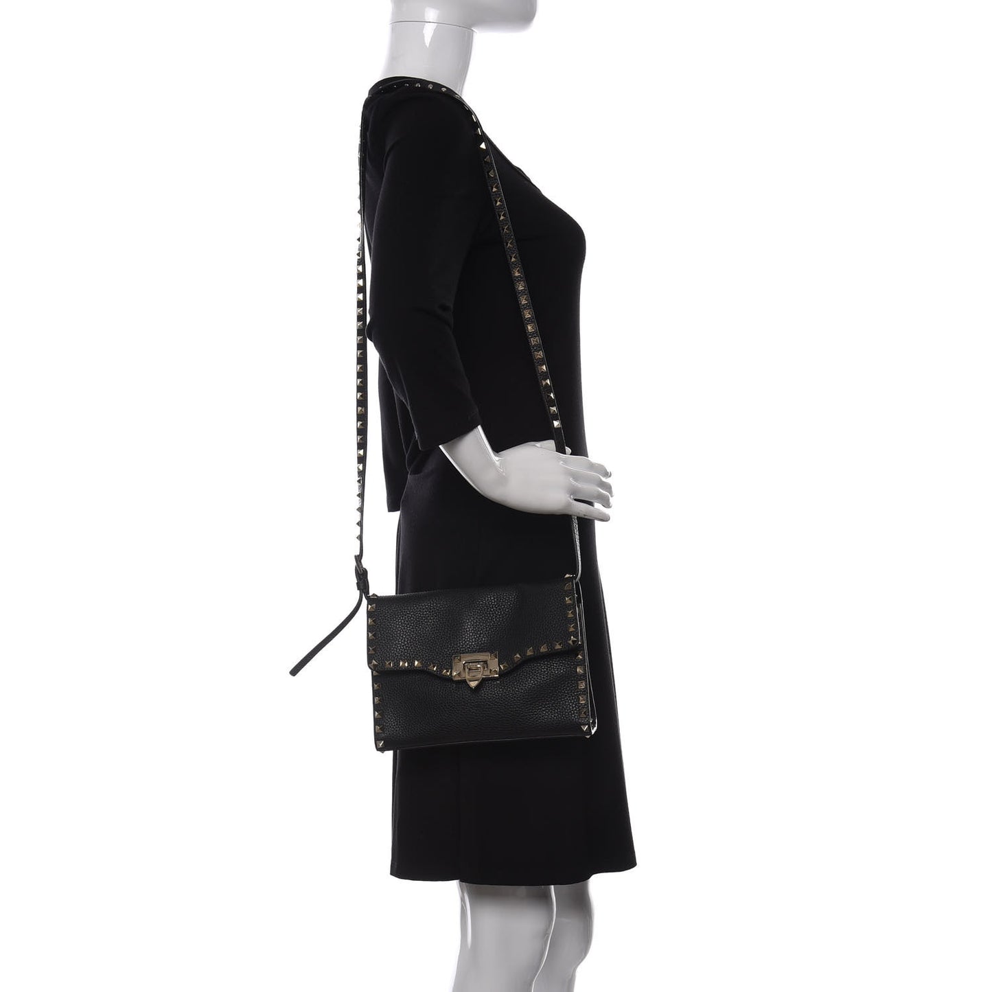 Pebbled Calfskin Medium Rockstud Flip Lock Crossbody Bag Black