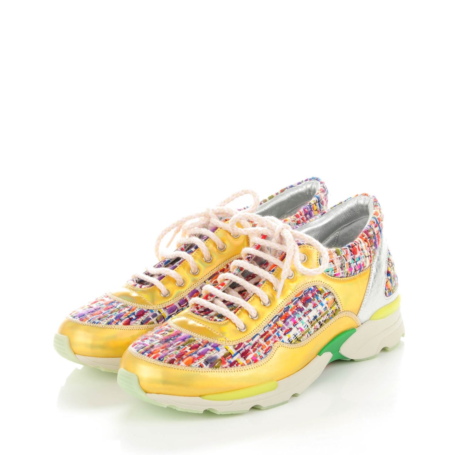 Tweed Lambskin Runway Sneakers 38 Silver Multicolor