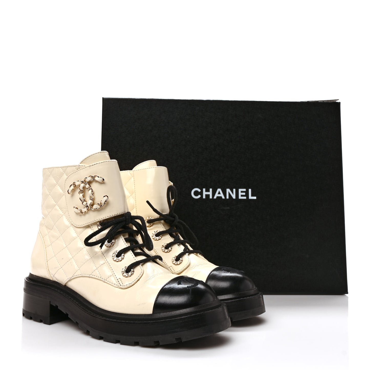 Shiny Goatskin Calfskin Quilted Lace Up Combat Boots 38 Ivory Black