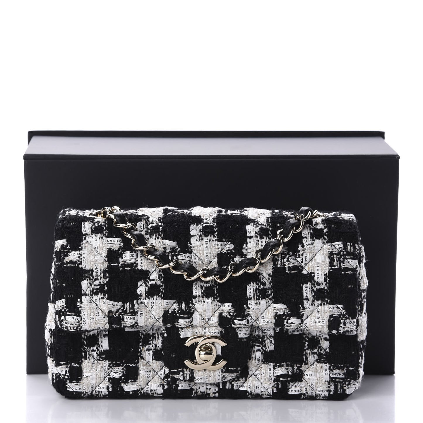 Tweed Quilted Mini Rectangular Flap Black Ecru White