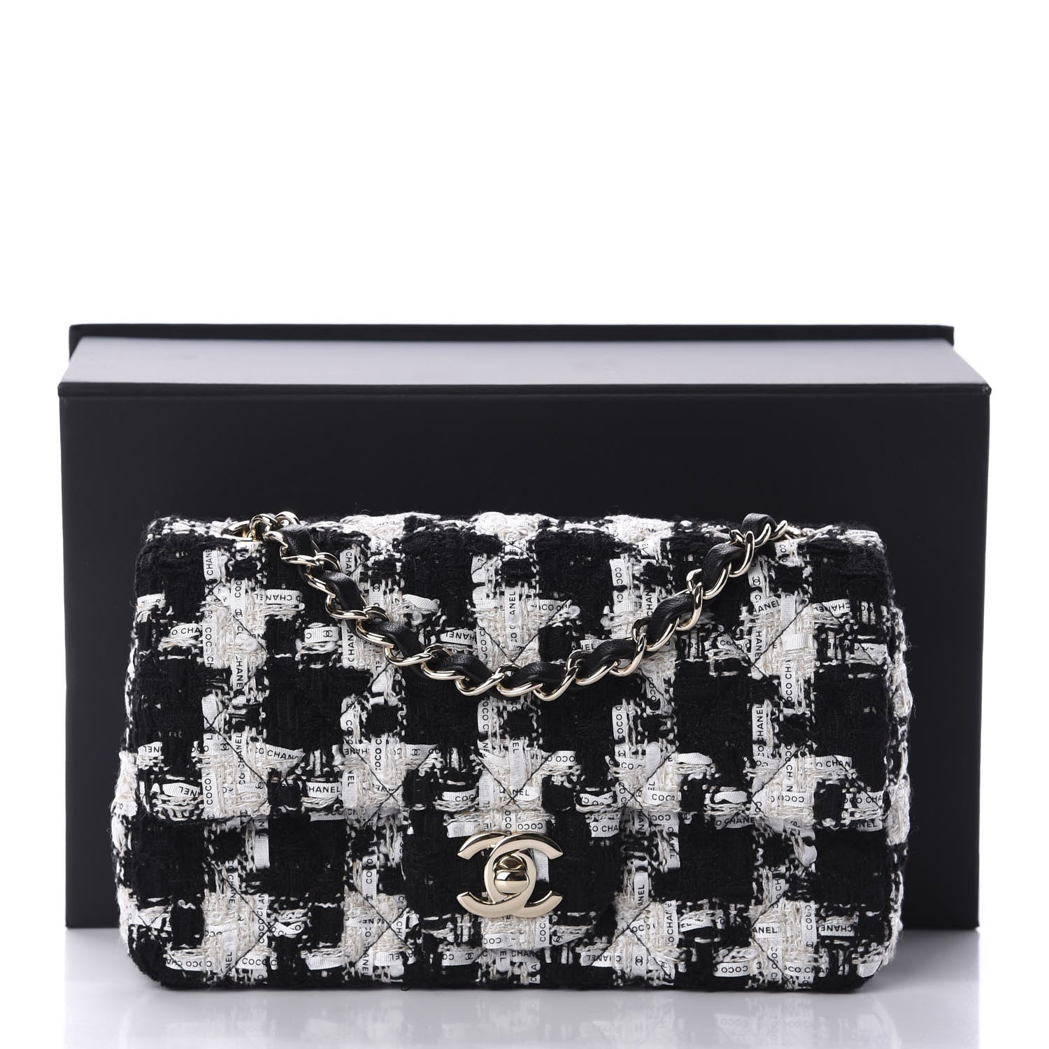 Chanel Tweed Quilted Mini Rectangular Flap Black Ecru White 11 of 11