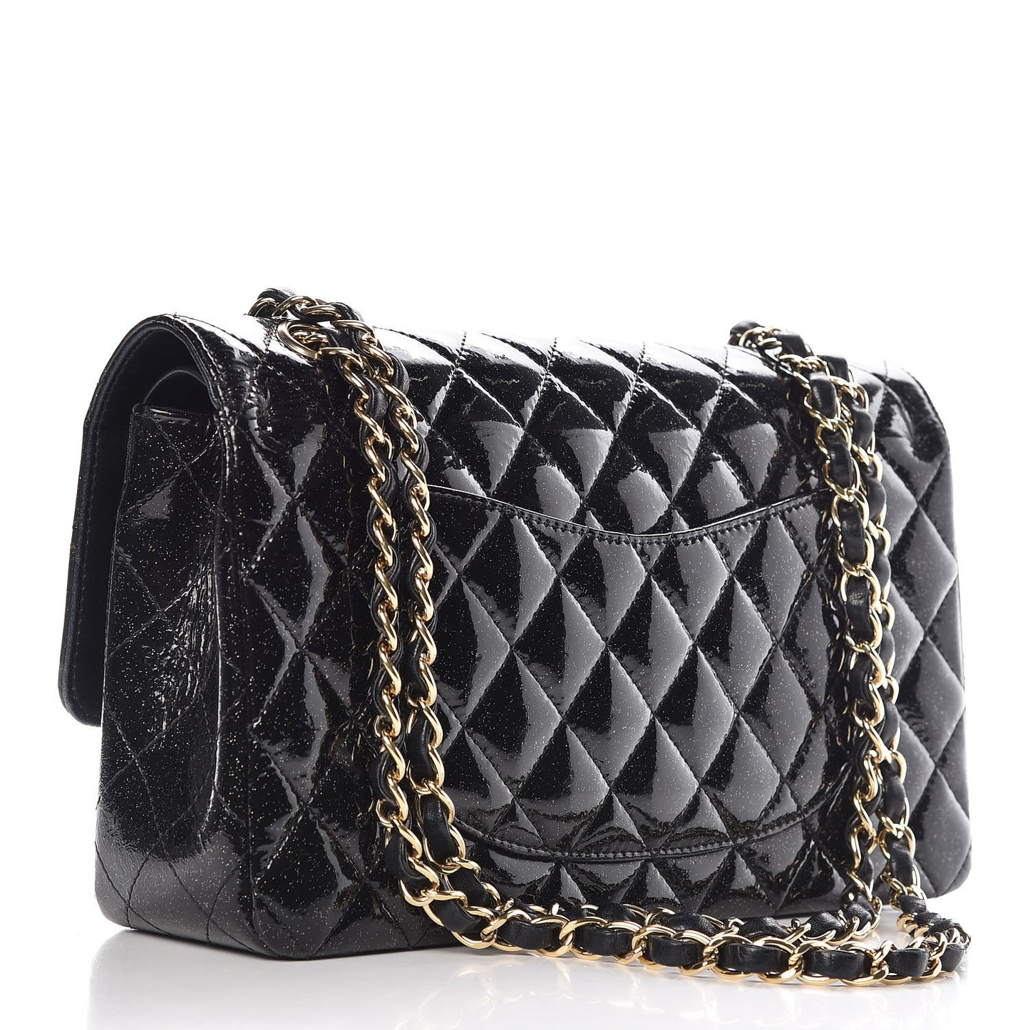 Patent Quilted Sparkle Glitter Medium Double Flap Black